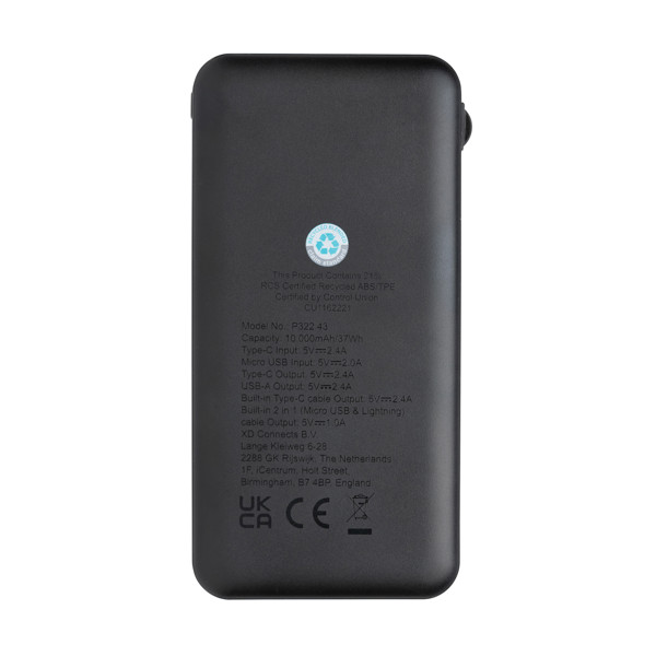 Lockhart powerbank 10.000 mAh, reciklirana plastika, kabli
