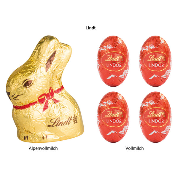 Propagačný obal Stand- Up Box z bieleho kartónu - Biela / Lindt mix: 4 Lindor mini eggs (alpine milk, red) & 1 golden rabbit 10 g