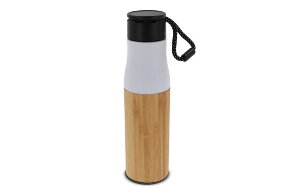 Bouteille isotherme avec dragonne et partie extérieur bambou 500ml - Blanc