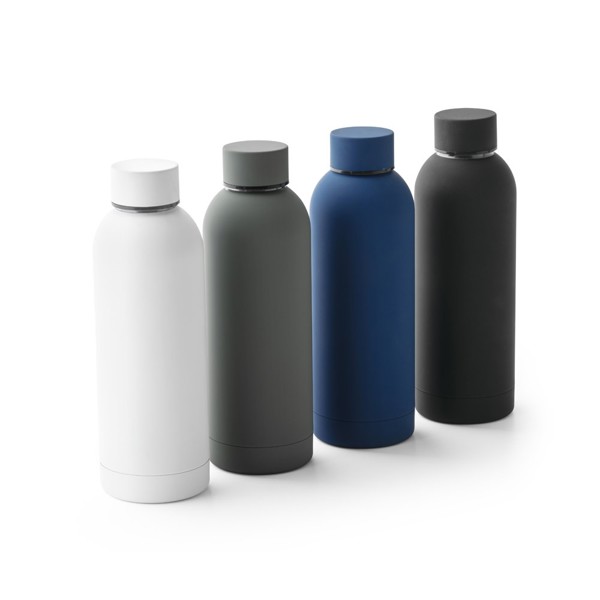 ODIN. Garrafa em aço inoxidável (36% reciclado) com acabamento em borracha 550 mL - Azul Marinho