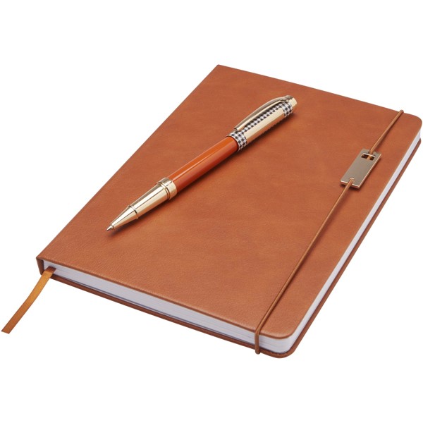 Ensemble Legato comprenant carnet A5, stylo bille et stylo roller (encre bleue) - Marron