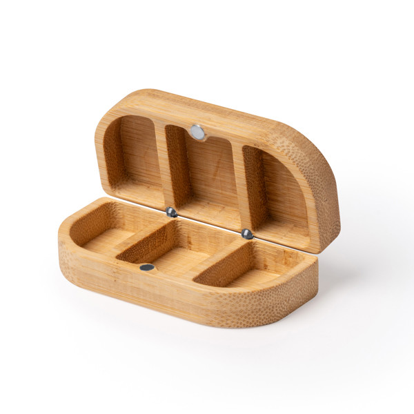 Personalised bamboo pill box with three compartments and magnetic closure