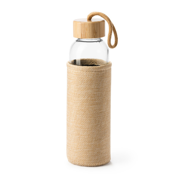 Personalised glass bottle 500 ml with jute sleeve and bamboo lid