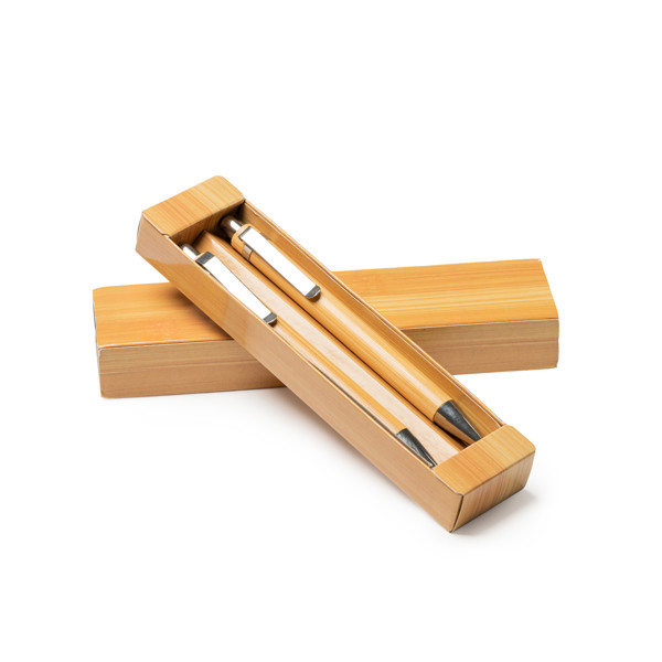 Personalised bamboo ballpoint pen and mechanical pencil set with metallic details