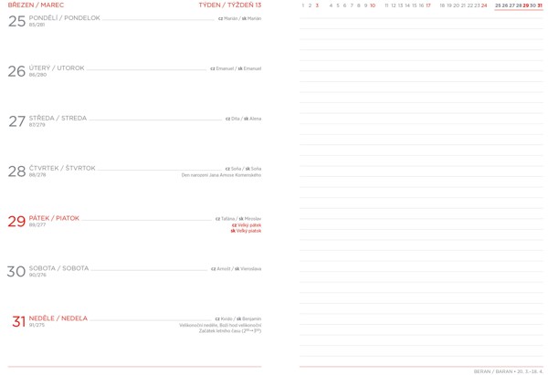 Týdenní diář s poznámkami Viva 2025, A5 - Červená