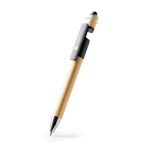 Promotional bamboo pen with anti-stress spinner and touchscreen stylus personalised