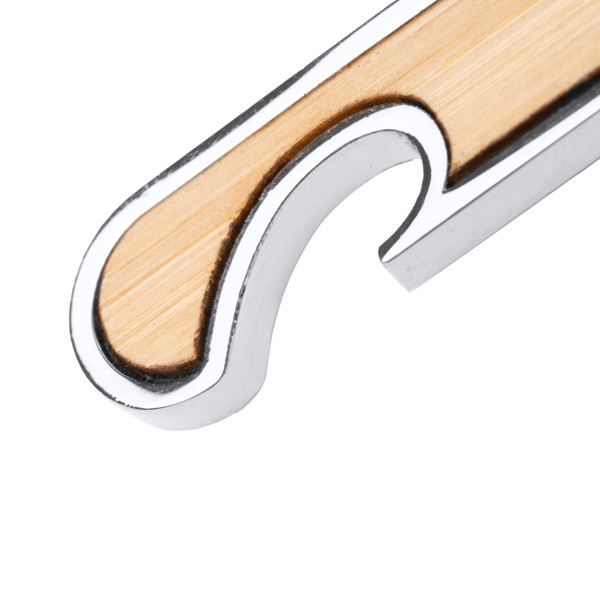 Personalised bottle opener keyring in steel and bamboo