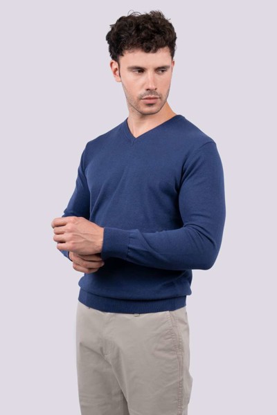 Men’S V-Neck Fine Gauge Cotton Pullover - Bordeaux / S