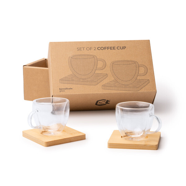 Personalized double-wall glass coffee cup set 90 ml with bamboo coasters