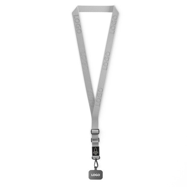 Suporte para telemóvel em forma de cruz feito de fita tecida com placa de metal gravada com o seu logótipo. Disponível em quantidades de 100 ou mais - Branco