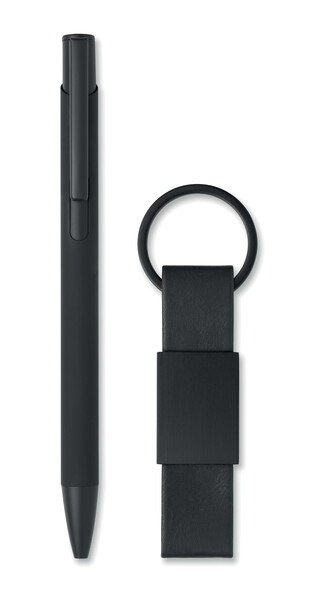Ball pen & PU Keyring set Escri Set - Black