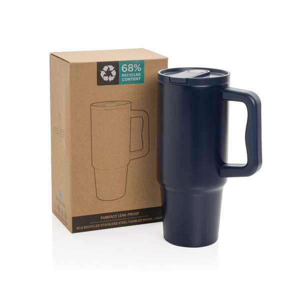 Mug 900ml étanche en acier inoxydable recyclé RCS Embrace - Bleu Marine