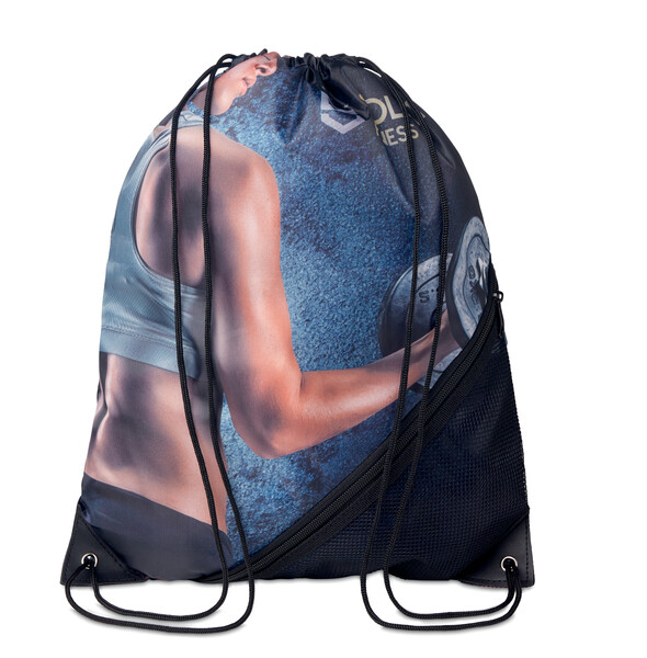 Full colour recycled PET drawstring bag with zipper and mesh pocket - Full colour