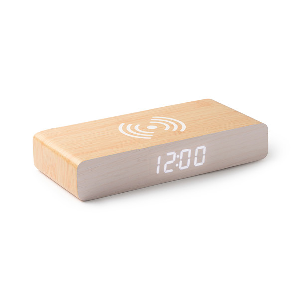 Reloj despertador con cargador inalámbrico personalizado de madera MDF con pantalla de hora, fecha y temperatura