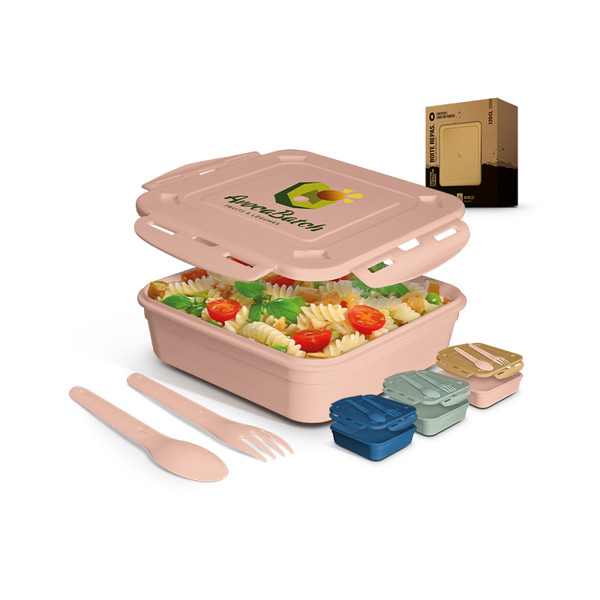 BOITE REPAS (LUNCH BOX) 1.2 l AVEC COUVERCLE, CUILLERE ET FOURCHETTE - Bleu / Rose