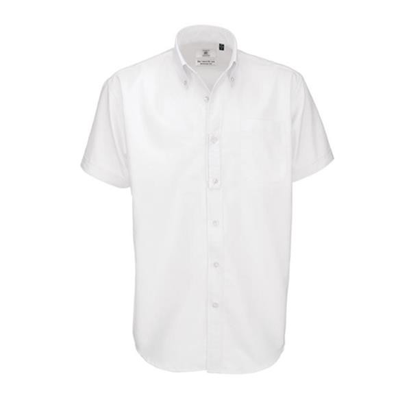 Camisa B&C Oxford Manga Curta Homem - 70% Algodão Escovado/ 30% Poliéster - Branco / S
