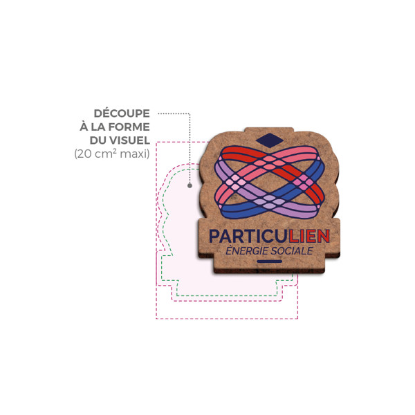 BADGE SUR-MESURE EN MDF EP 3 mm AVEC PINCE-EPINGLE MAXI 20 cm2