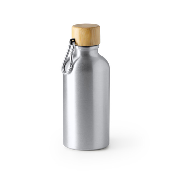 Personalised aluminium bottle 400 ml with bamboo lid and carabiner