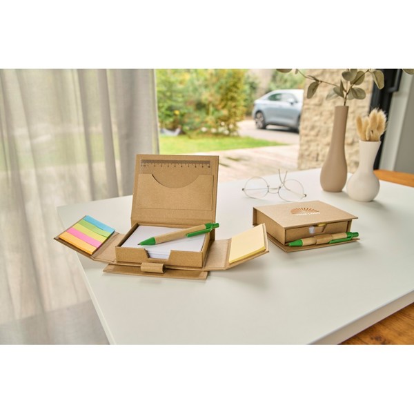 Memo holder, notebook, sticky notes, ball pen, ruler