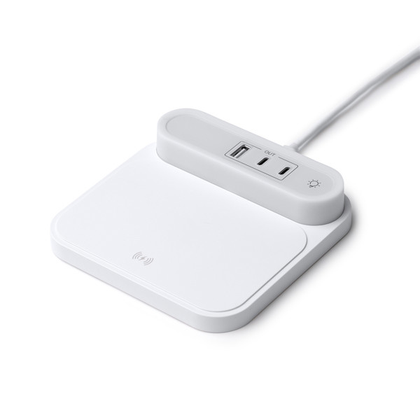 Cargador inalámbrico personalizado 15W con lámpara LED y puertos USB-C y USB-A
