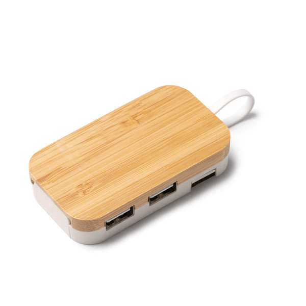 Hub USB personalizado de bambú con soporte para dispositivo y 4 puertos (2 USB-A y 2 USB-C)