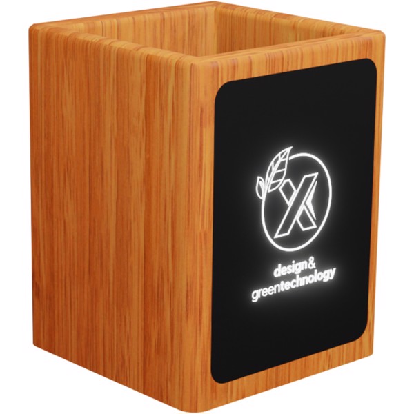 SCX.design O12 wooden light-up logo pencil holder with dual USB output