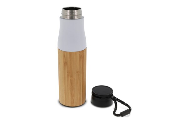 Bouteille isotherme avec dragonne et partie extérieur bambou 500ml - Blanc