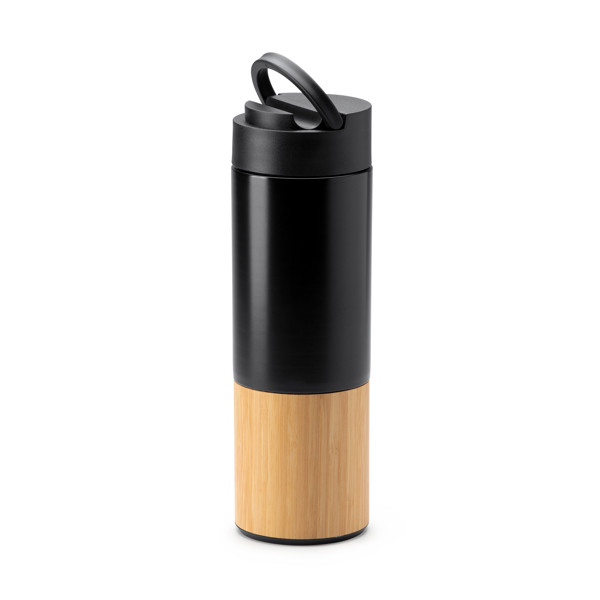 Personalized double-wall stainless steel thermal bottle with bamboo detail 450 ml