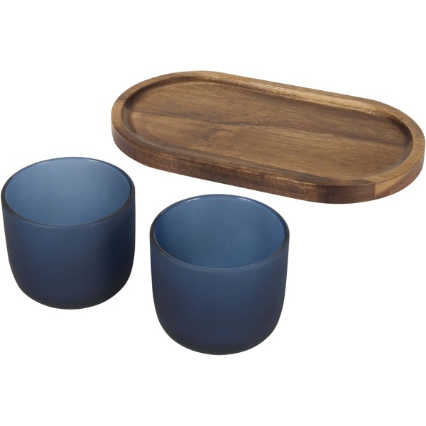 Male Set aus Holztablett und Glastassen - hale blau