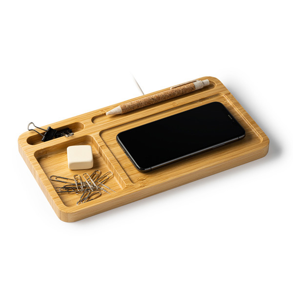 Personalised wireless charger organiser in bamboo 5W with multi-compartment tray