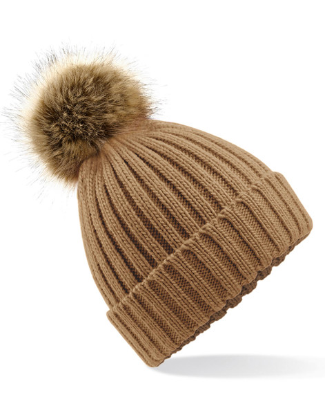 Fur Pop Pom Chunky Beanie - Biscuit / ONE SIZE