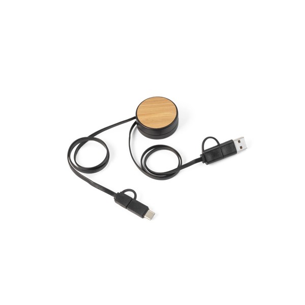 RUBINS. Câble USB rétractable 6 en 1 en ABS recyclé (100 % rABS) et bambou - Noir