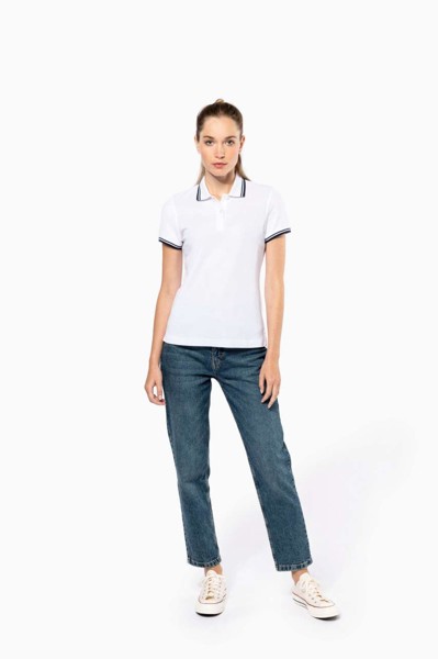Ladie's Short-Sleeved Poloshirt With Contrasting Piping - White / Black / S