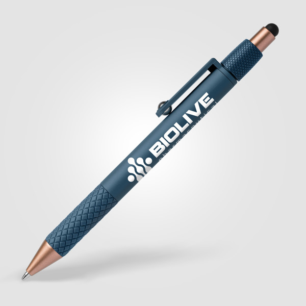Stylo Antistress Nora en Plastique Recyclé avec Stylet - Bleu marine / Sérigraphie