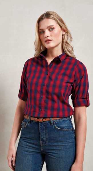 'Mulligan' Check - Women's Long Sleeve Cotton Shirt - White / Navy / L