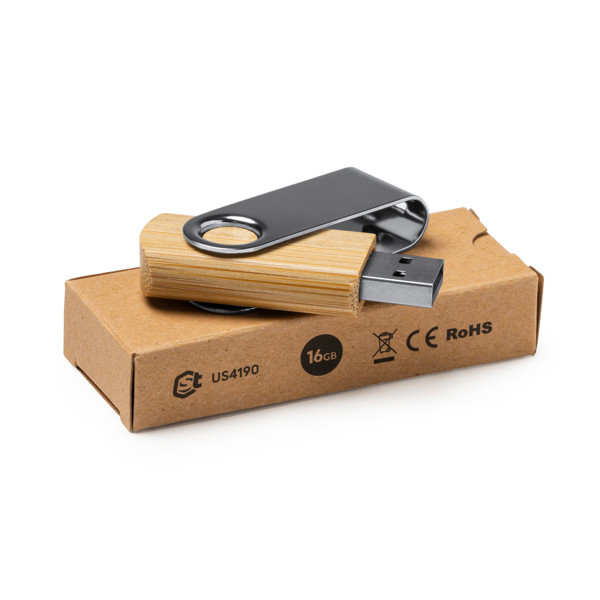 Personalised bamboo USB flash drive 16 GB with metal rotating clip