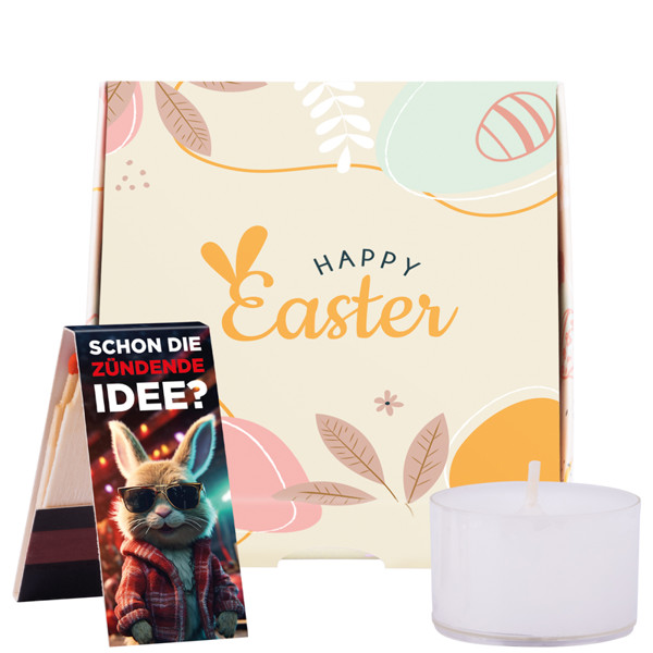 Klappbox S, Teelichter & Streichhölzer Ostern | 4 Teelichter und 1 Streichholzbriefchen, Ostermotiv, 90 g