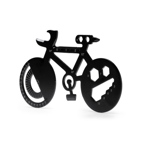 Personalised stainless steel bicycle-shaped multitool with 11 functions