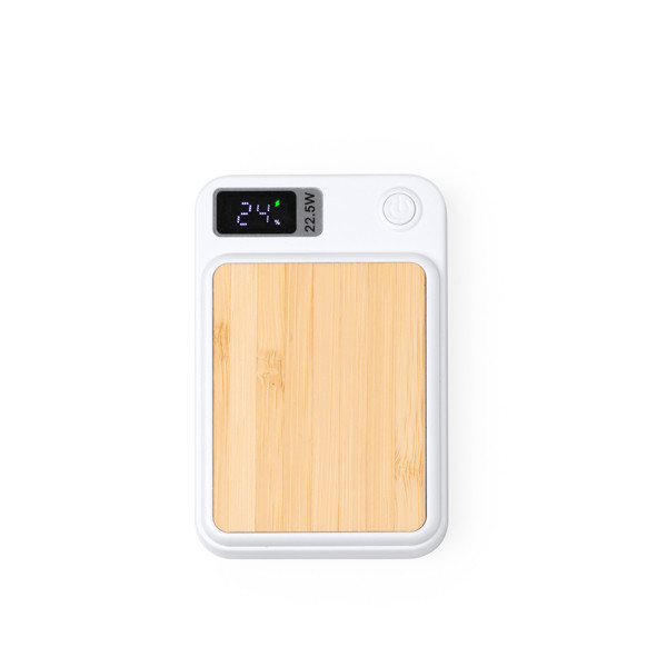 Custom bamboo and recycled ABS power bank 5000 mAh with 15W magnetic wireless charging