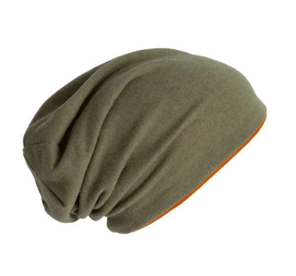Knitted Beanie - Light Khaki Melange / Autumn Orange