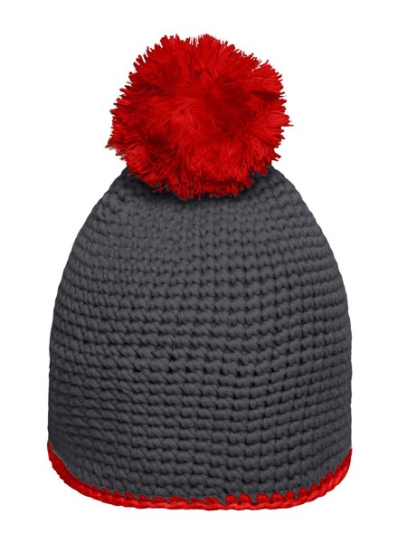 Pompon Hat with Contrast Stripe - Carbon / Red