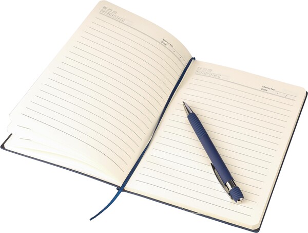 Gerecycled PU-notitieboek (A5) en balpenset Tarek - grijs