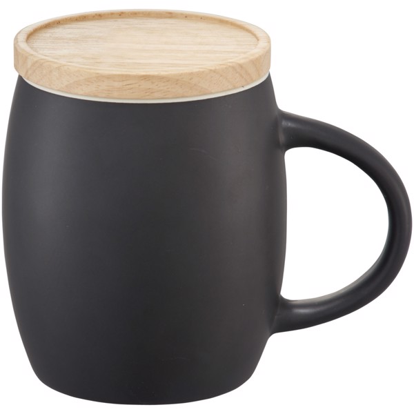 Caneca de cerâmica com tampa de madeira "Hearth" - Preto liso / Branco