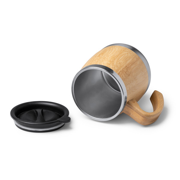 Personalised thermal mug in stainless steel and bamboo 450 ml with anti-leak dosing lid