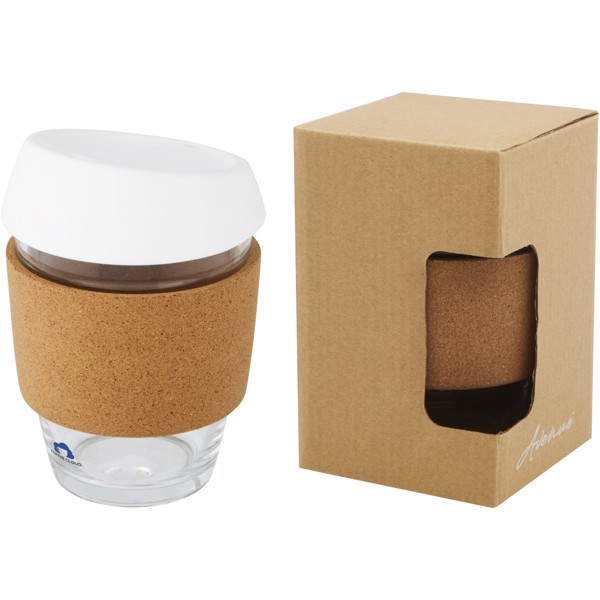 Gobelet Lidan de 360 ml en verre borosilicate avec grip en liège et couvercle en silicone - Blanc