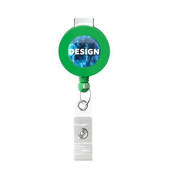 Carretel retrátil para crachás em formato redondo com logotipo de ⌀2cm - Cor integral / Verde clássico / Bull dog clip