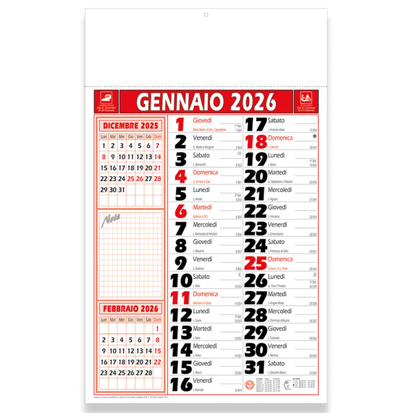 Calendario 2026 Da Muro Mensile Bicolore, 12 Fogli, Su Carta Patinata, Termosaldato - Rosso
