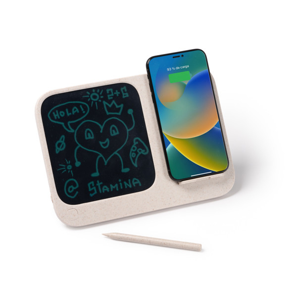 Cargador inalámbrico personalizado de bambú y fibra de trigo 15W con pizarra digital 6 pulgadas