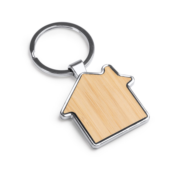 Customised bamboo house-shaped keyring with metal finish