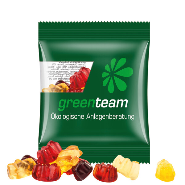 Mini bag 10g, compostable foil transparent, Trolli fruit juice jelly bears, 30 % fruit juice